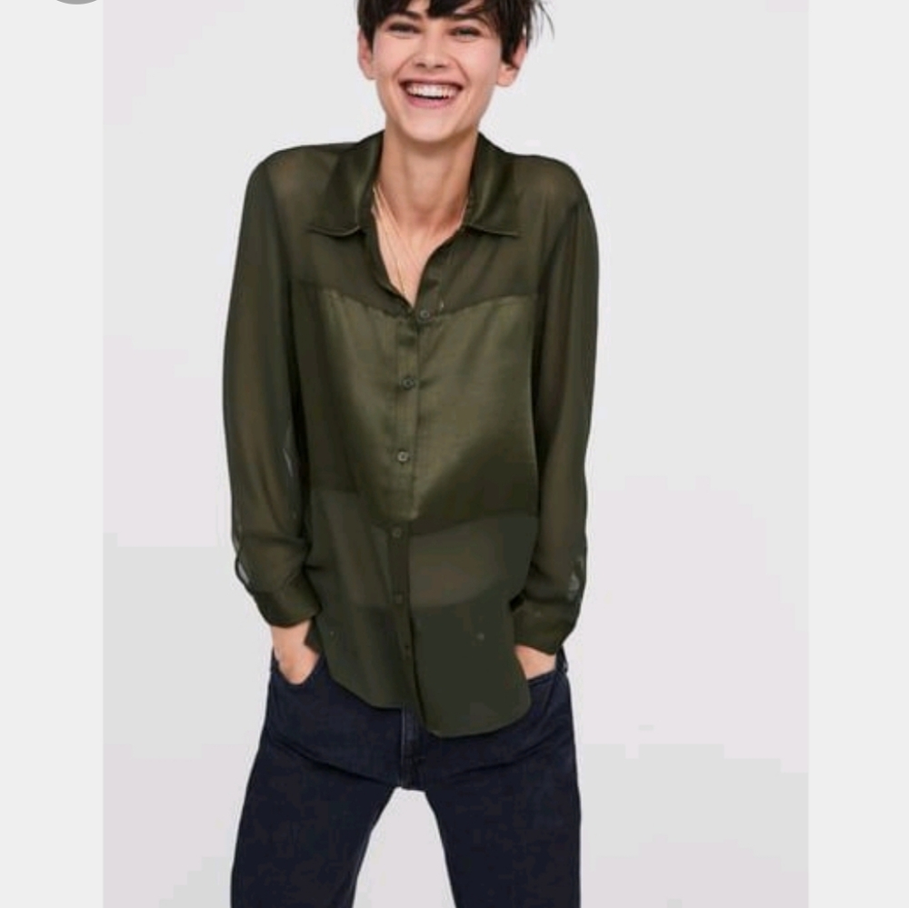 Zara Khaki colour semi sheer shirt blouse with Satin block, size Medium